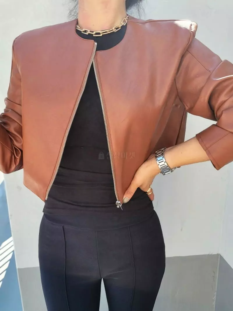 Gratia - Korean Women Fashion - #womensfashion - Crew Leather Jacket - 2