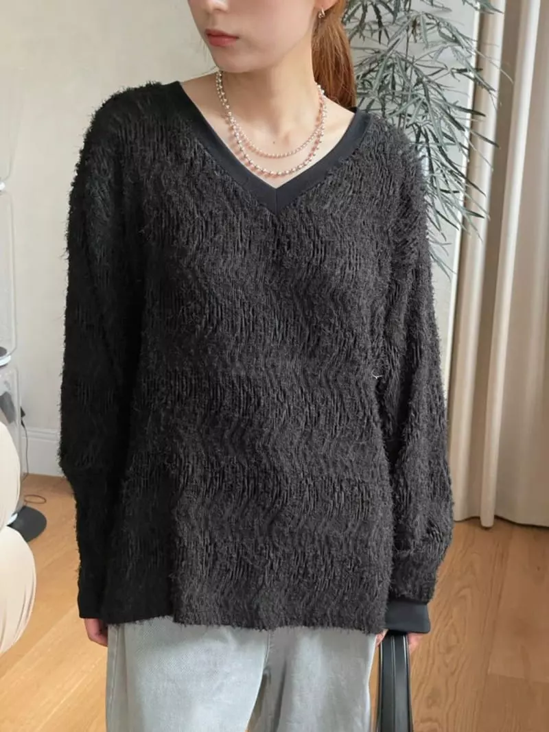 Hoper - Korean Women Fashion - #momslook - Jacquard Lace V Neck Tee - 2