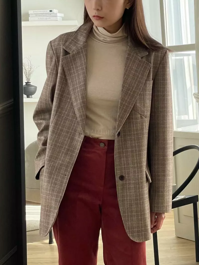 Hoper - Korean Women Fashion - #vintagekidsstyle - Check Two Button Jacket - 4