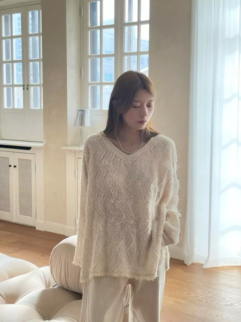 Hoper - Korean Women Fashion - #womensfashion - Jacquard Lace V Neck Tee - 4