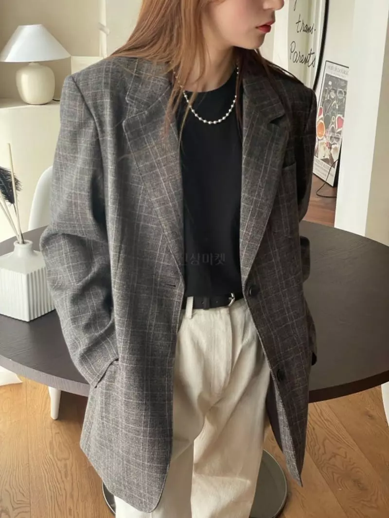 Hoper - Korean Women Fashion - #vintageinspired - Check Two Button Jacket - 2