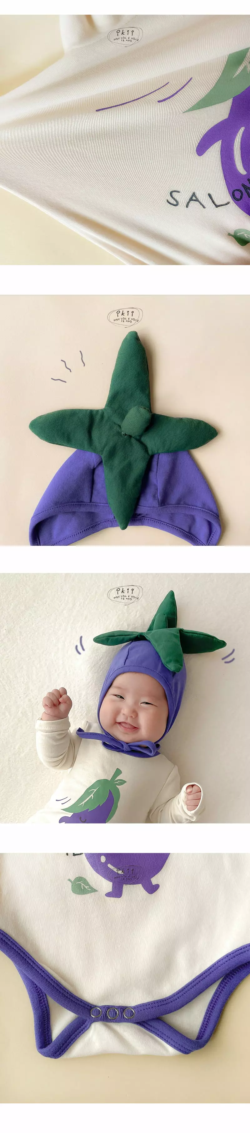 Ikii - Korean Baby Fashion - #babygirlfashion - Purple Salon  Bodysuit with Hat - 3