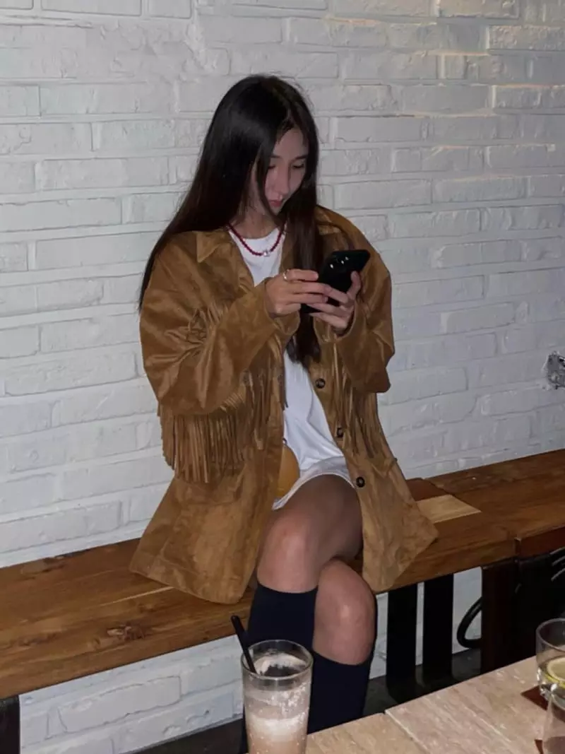 Inni - Korean Women Fashion - #momslook - Fringe Suede Jacket