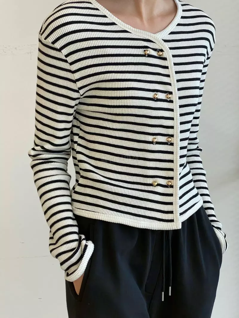 Knock - Korean Women Fashion - #momslook - Button Stripes Tee - 6