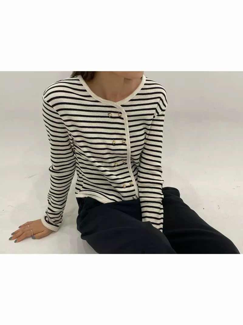 Knock - Korean Women Fashion - #momslook - Button Stripes Tee - 8