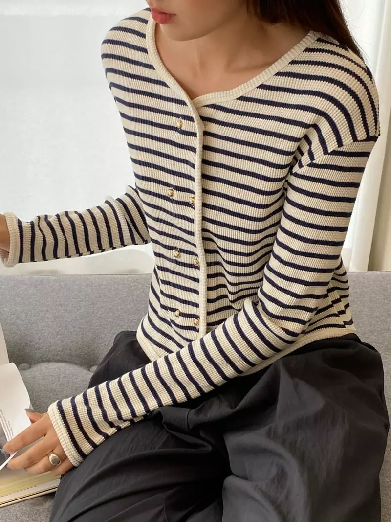 Knock - Korean Women Fashion - #womensfashion - Button Stripes Tee