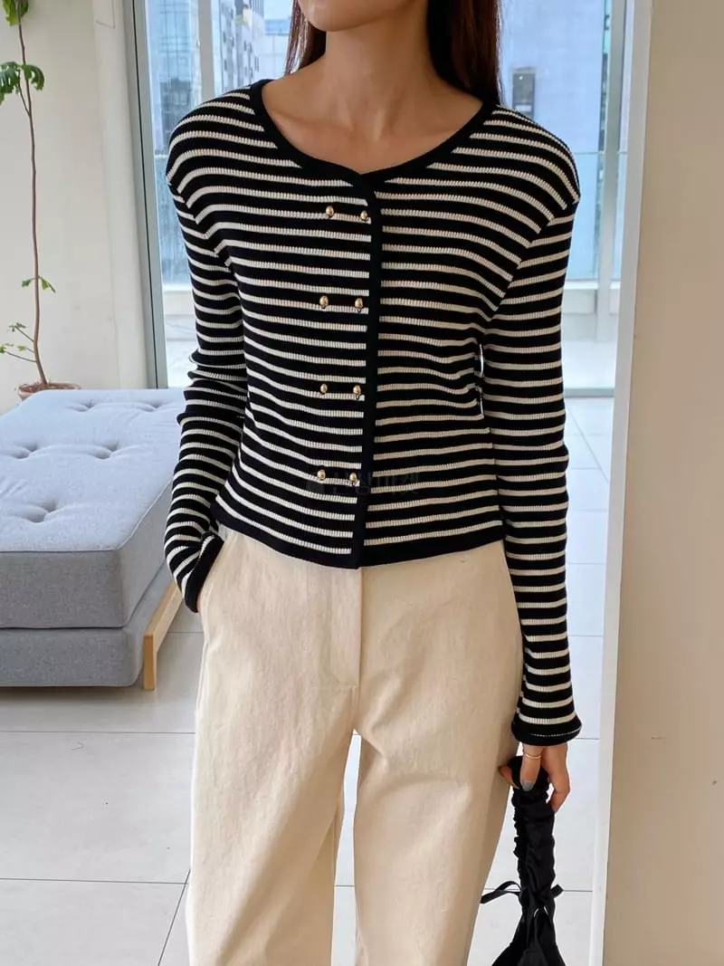 Knock - Korean Women Fashion - #womensfashion - Button Stripes Tee - 3