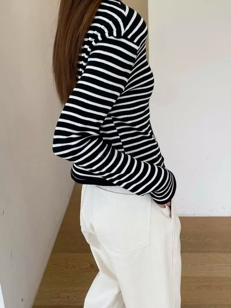 Knock - Korean Women Fashion - #womensfashion - Button Stripes Tee - 5