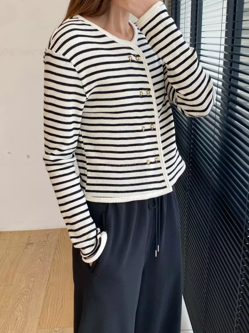 Knock - Korean Women Fashion - #womensfashion - Button Stripes Tee - 7