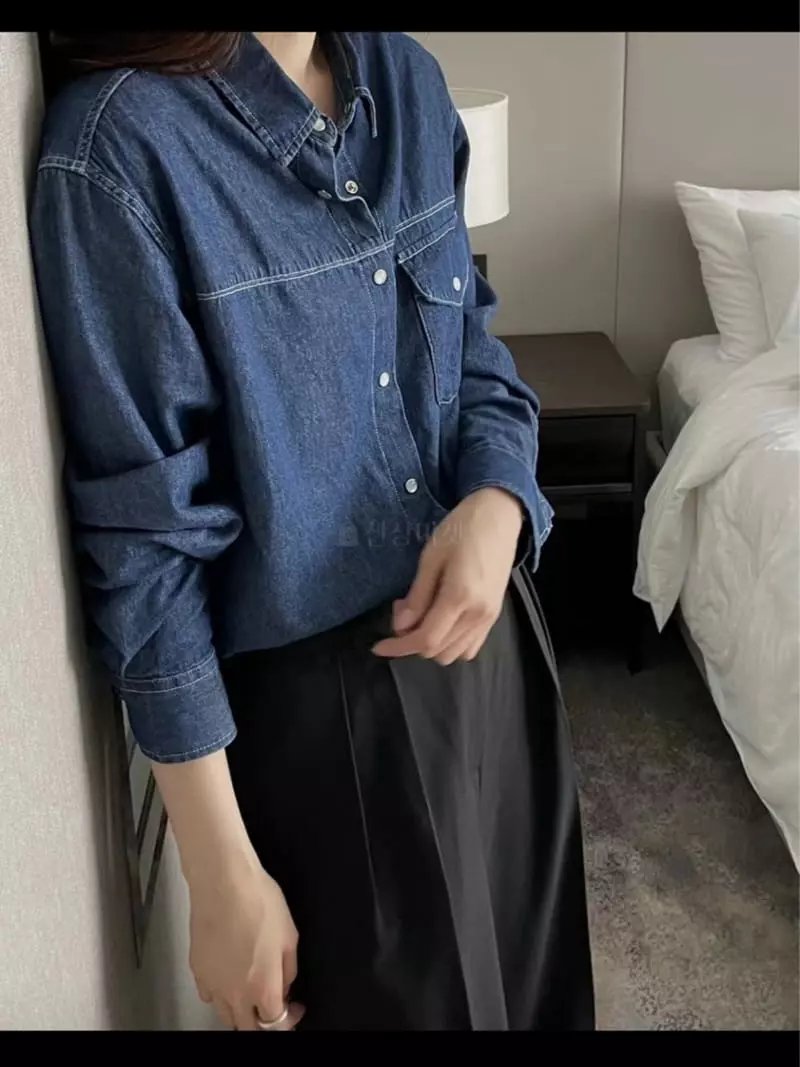 Lamagie Pie - Korean Women Fashion - #momslook - Pearl Snap Denim Shirt