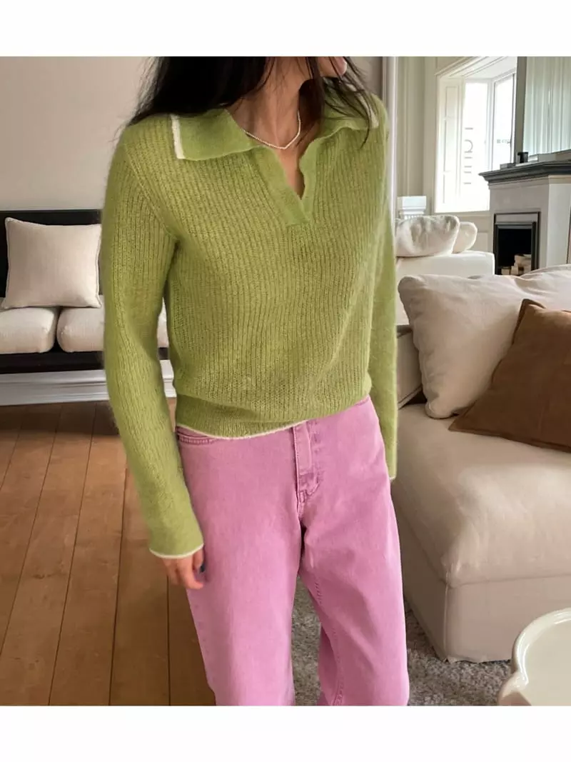 Lamp - Korean Women Fashion - #momslook - Kid Color Collar Knit Tee - 2