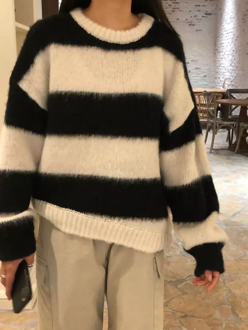 Logon - Korean Women Fashion - #restrostyle - Mo Hair Stripes Knit Tee - 5