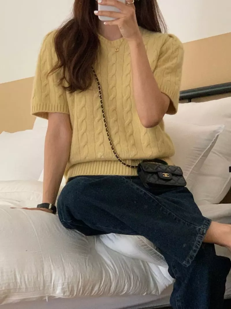 Loringrei - Korean Women Fashion - #momslook - Cable Shirring Knit Tee - 5