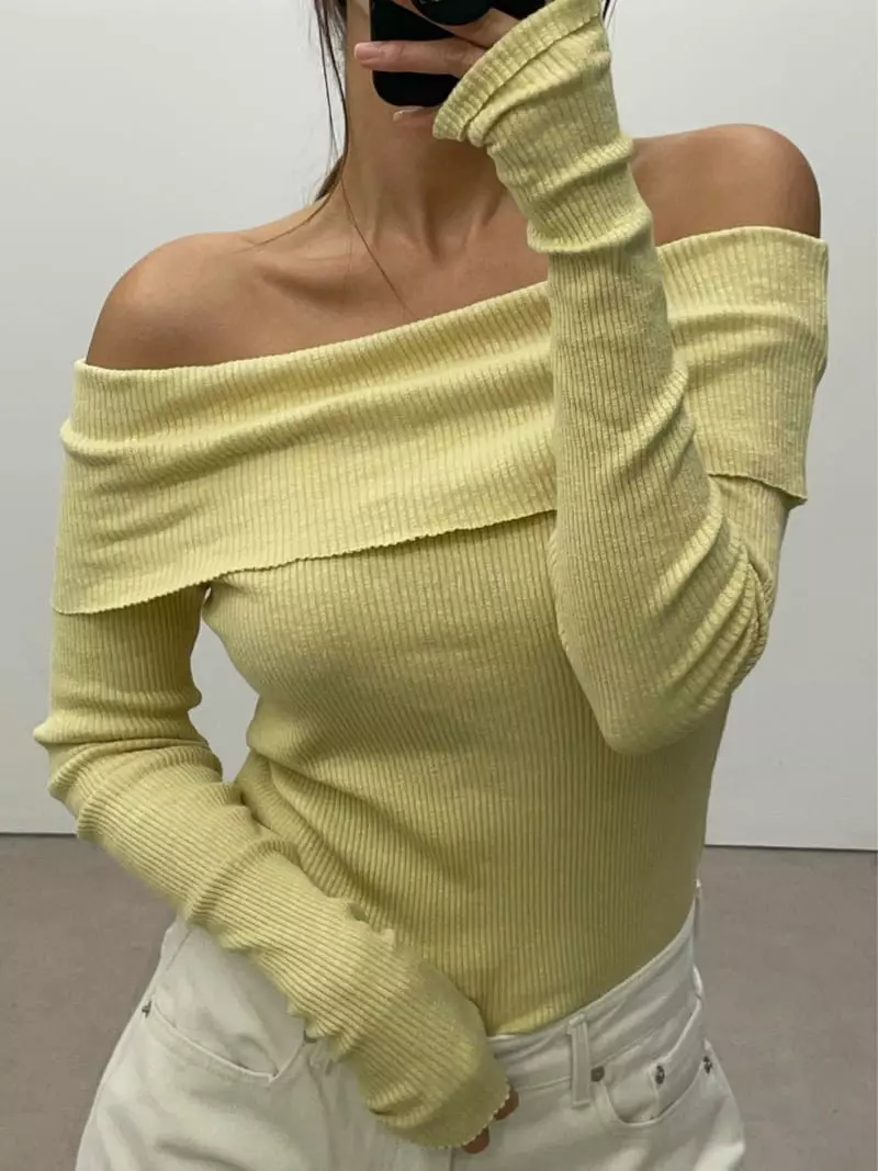 Lowburn - Korean Women Fashion - #restrostyle - Off Shoulder Tee