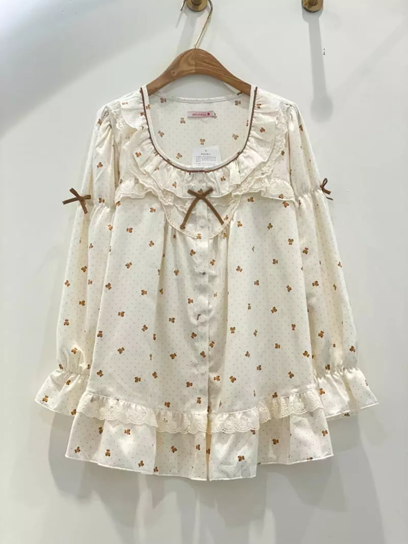 Lunaluz - Korean Women Fashion - #momslook - Jelly Bear Girl Sleeves Two-piece Homwear
