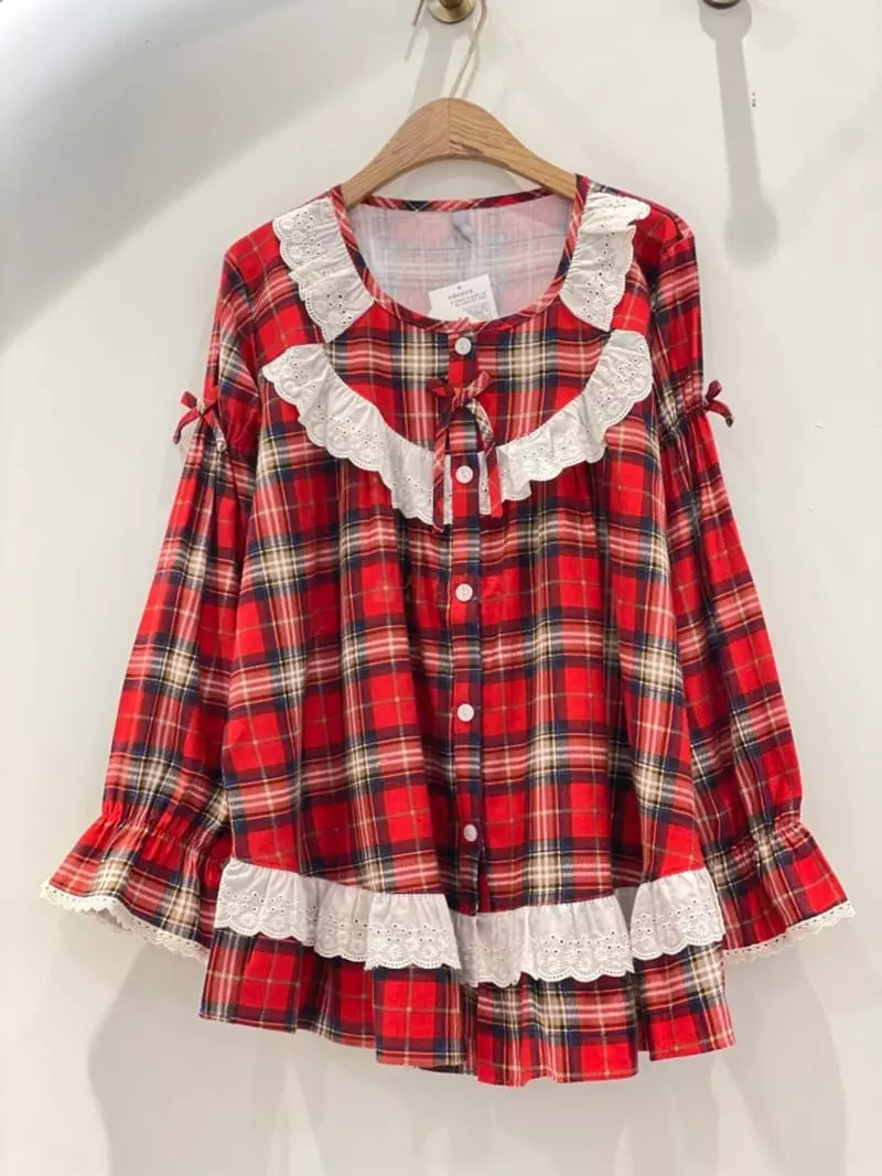 Lunaluz - Korean Women Fashion - #womensfashion - Conny Check Giel Long Sleeves Two-piece