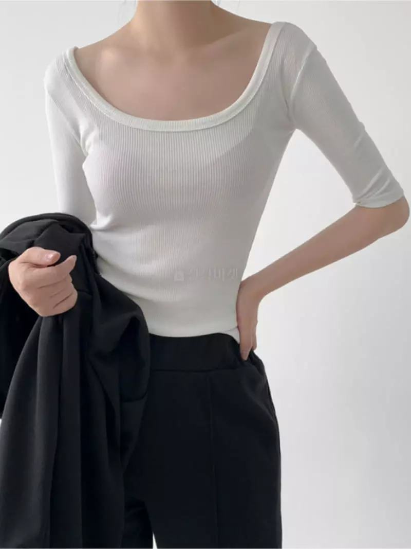Moment - Korean Women Fashion - #momslook - Gram U Neck Tee - 5