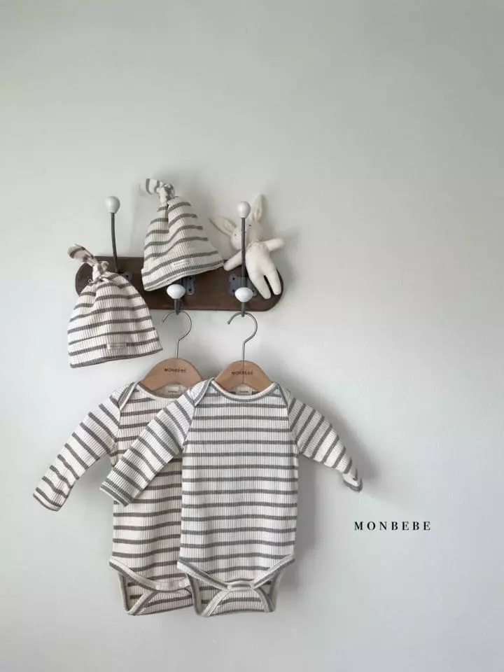 Monbebe - Korean Baby Fashion - #babyootd - Stripes Rib Bodysuit Set