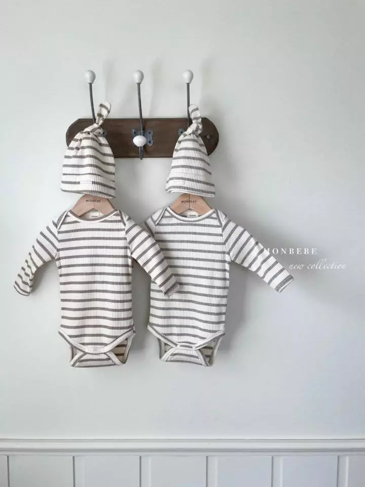 Monbebe - Korean Baby Fashion - #babyoutfit - Stripes Rib Bodysuit Set - 2