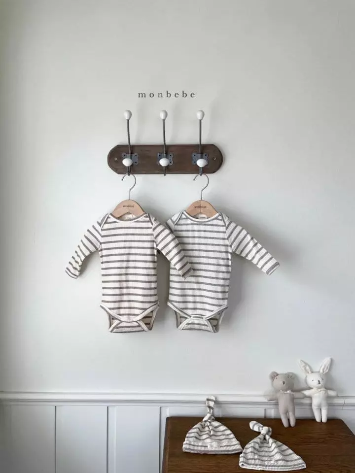 Monbebe - Korean Baby Fashion - #babyoutfit - Stripes Rib Bodysuit Set - 3