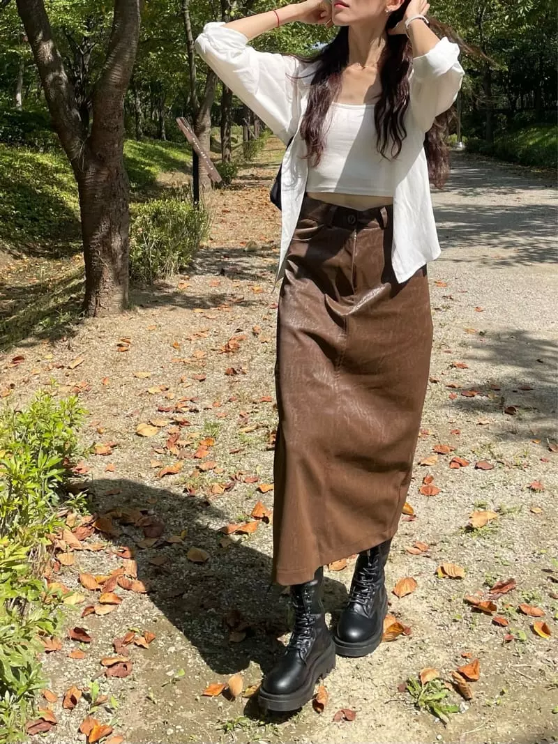 Monosenso - Korean Women Fashion - #momslook - Shine Slit Skirt - 3