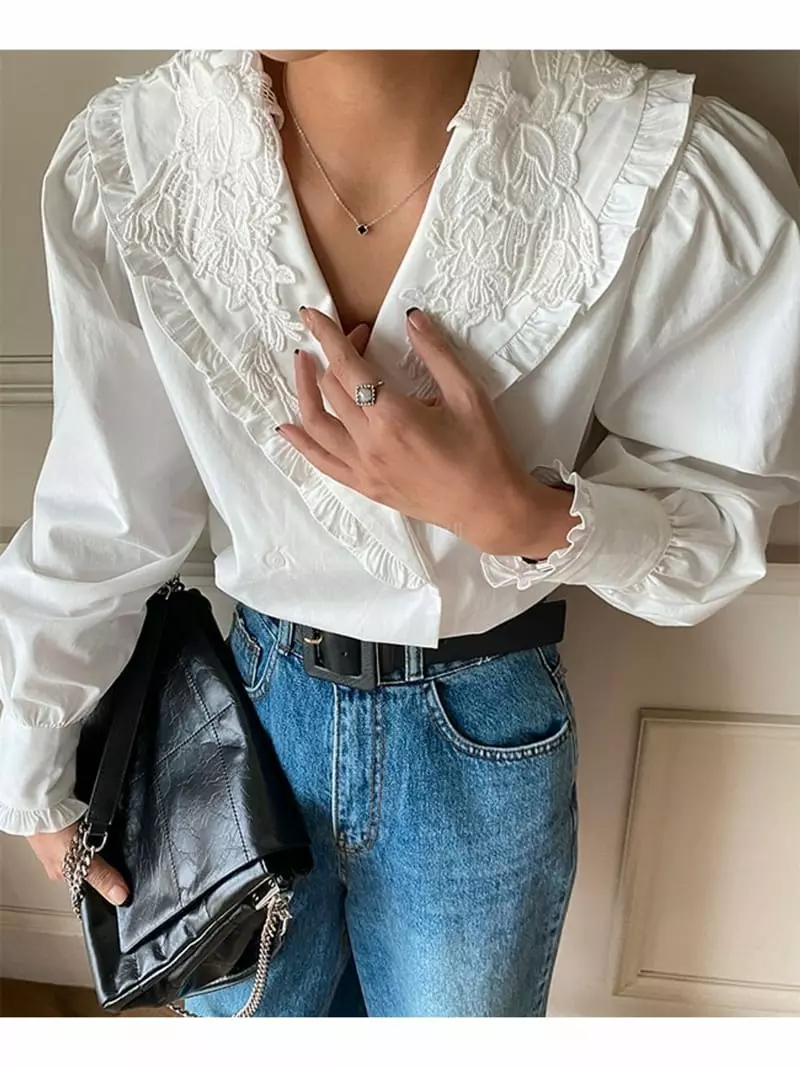 Newtro_Mood - Korean Women Fashion - #momslook - Twill Motive Blouse - 4