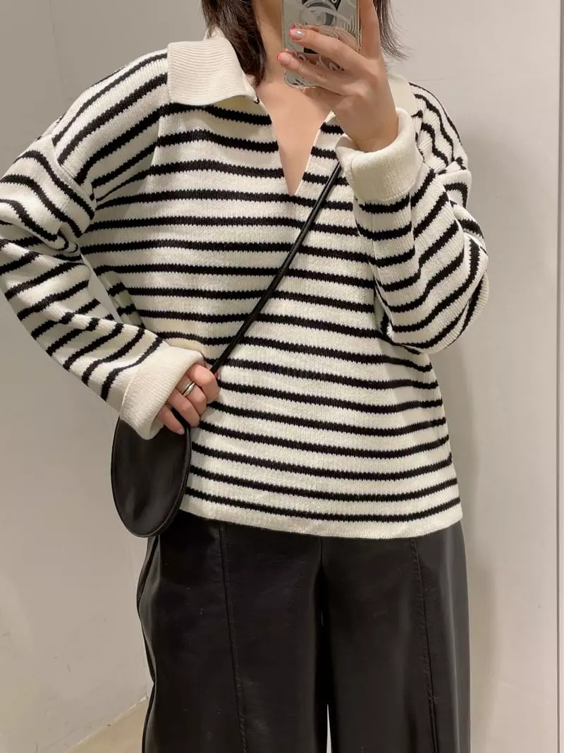 Odor - Korean Women Fashion - #momslook - Berry Stripes Collar Knit Tee - 10