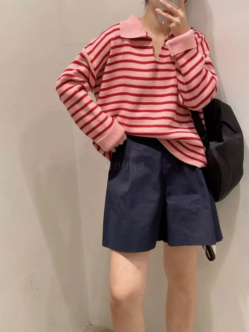 Odor - Korean Women Fashion - #momslook - Berry Stripes Collar Knit Tee - 2