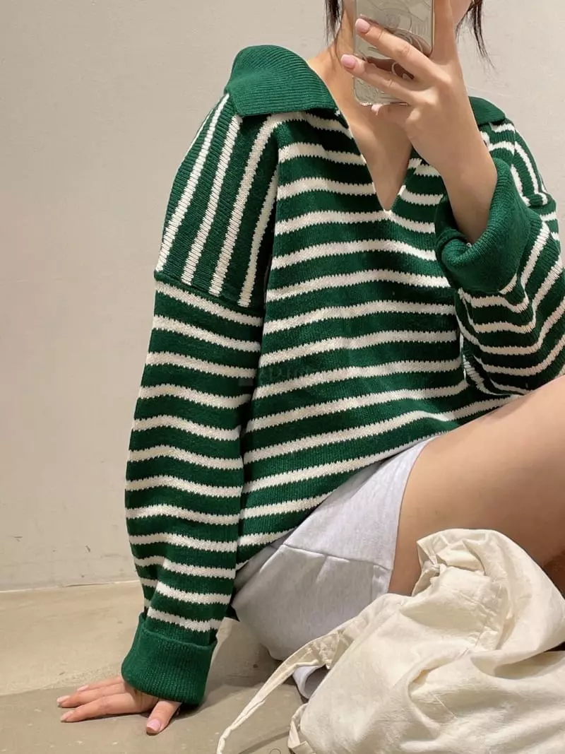 Odor - Korean Women Fashion - #womensfashion - Berry Stripes Collar Knit Tee - 4