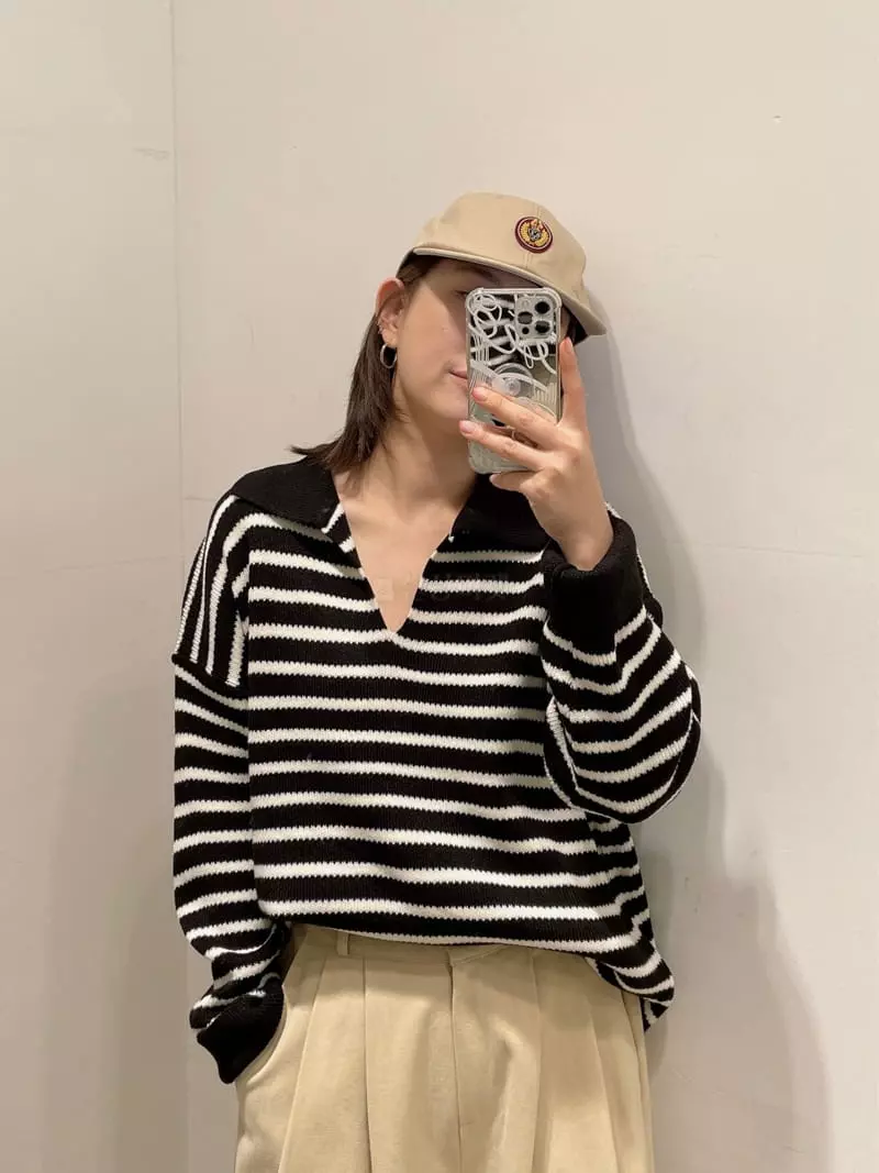 Odor - Korean Women Fashion - #momslook - Berry Stripes Collar Knit Tee - 6
