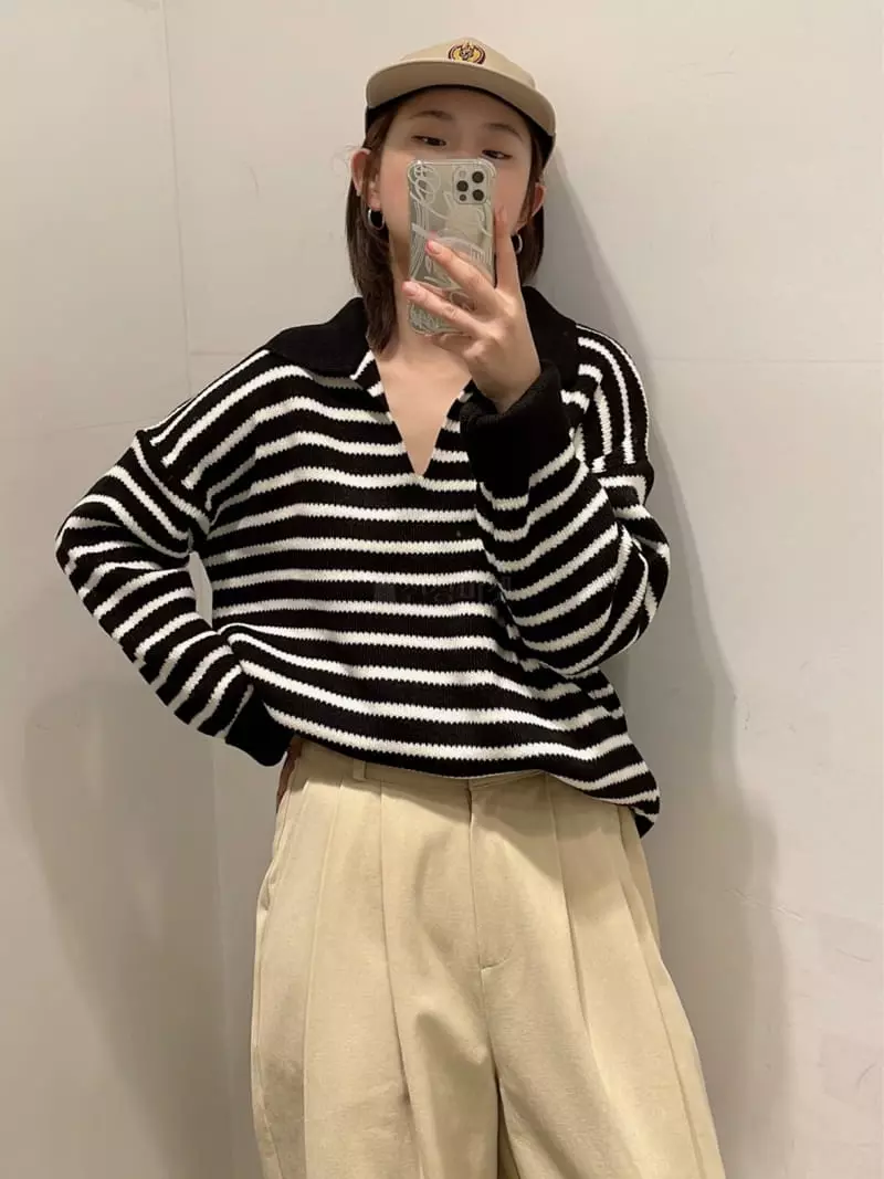 Odor - Korean Women Fashion - #momslook - Berry Stripes Collar Knit Tee - 8