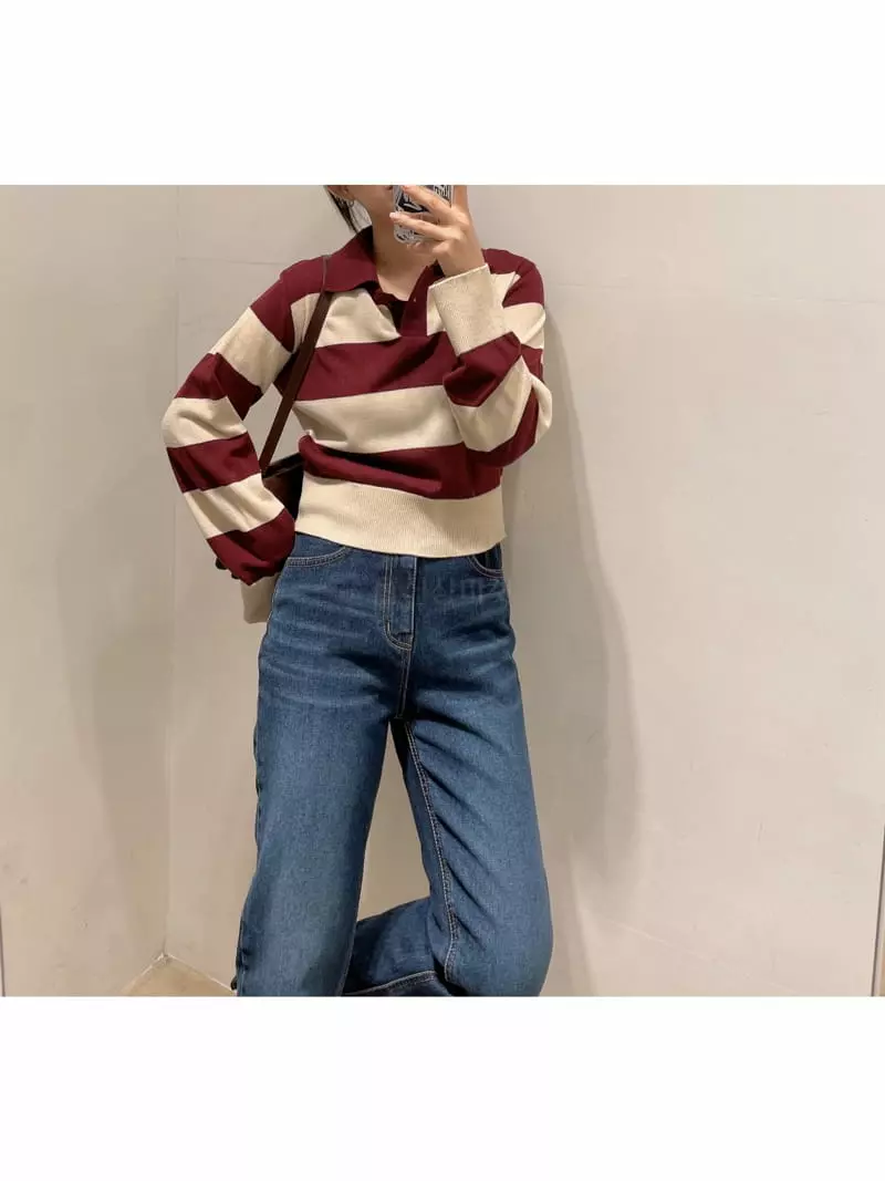 Odor - Korean Women Fashion - #momslook - Willy Stripes Collar Knit Tee - 10