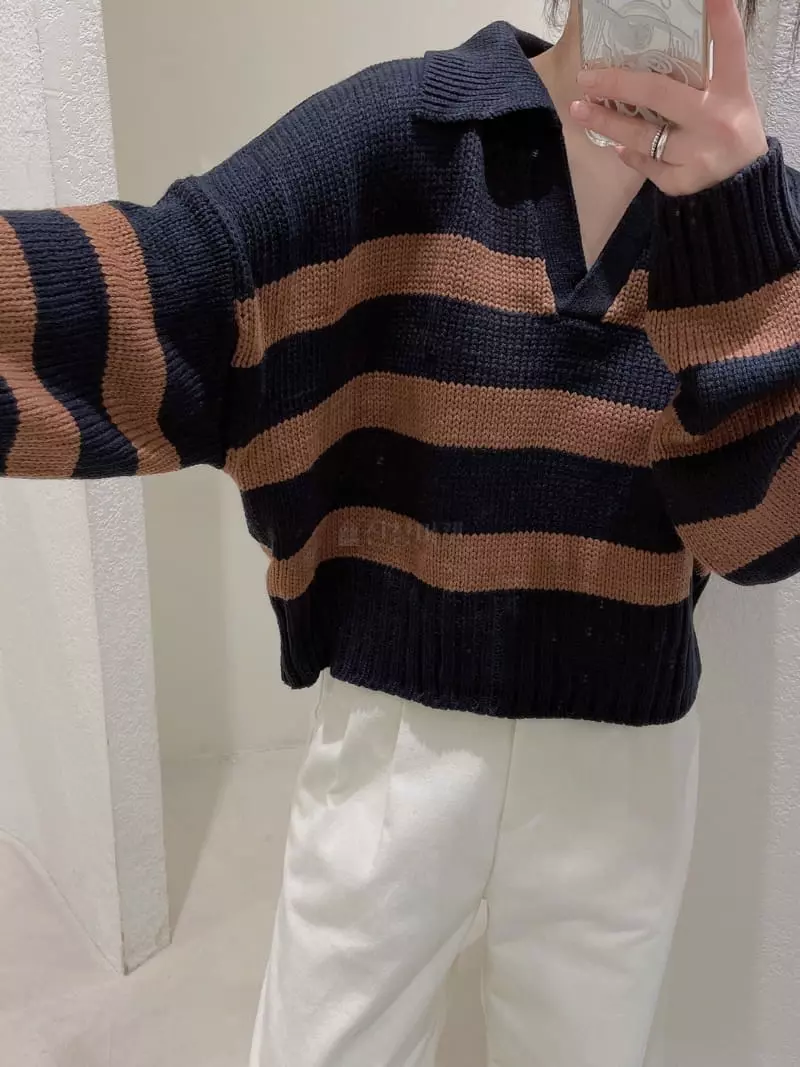 Odor - Korean Women Fashion - #restrostyle - Crop Stripes Collar Knit Tee - 5