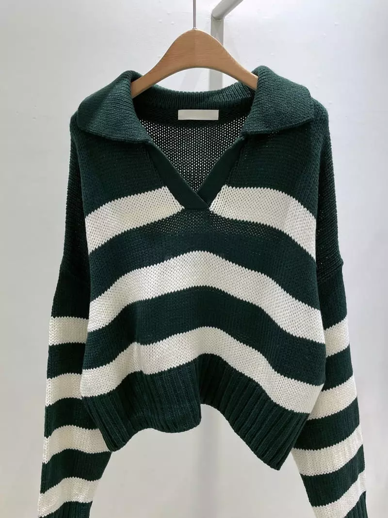 Odor - Korean Women Fashion - #thatsdarling - Crop Stripes Collar Knit Tee - 8