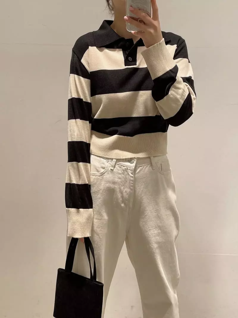 Odor - Korean Women Fashion - #thatsdarling - Willy Stripes Collar Knit Tee - 2