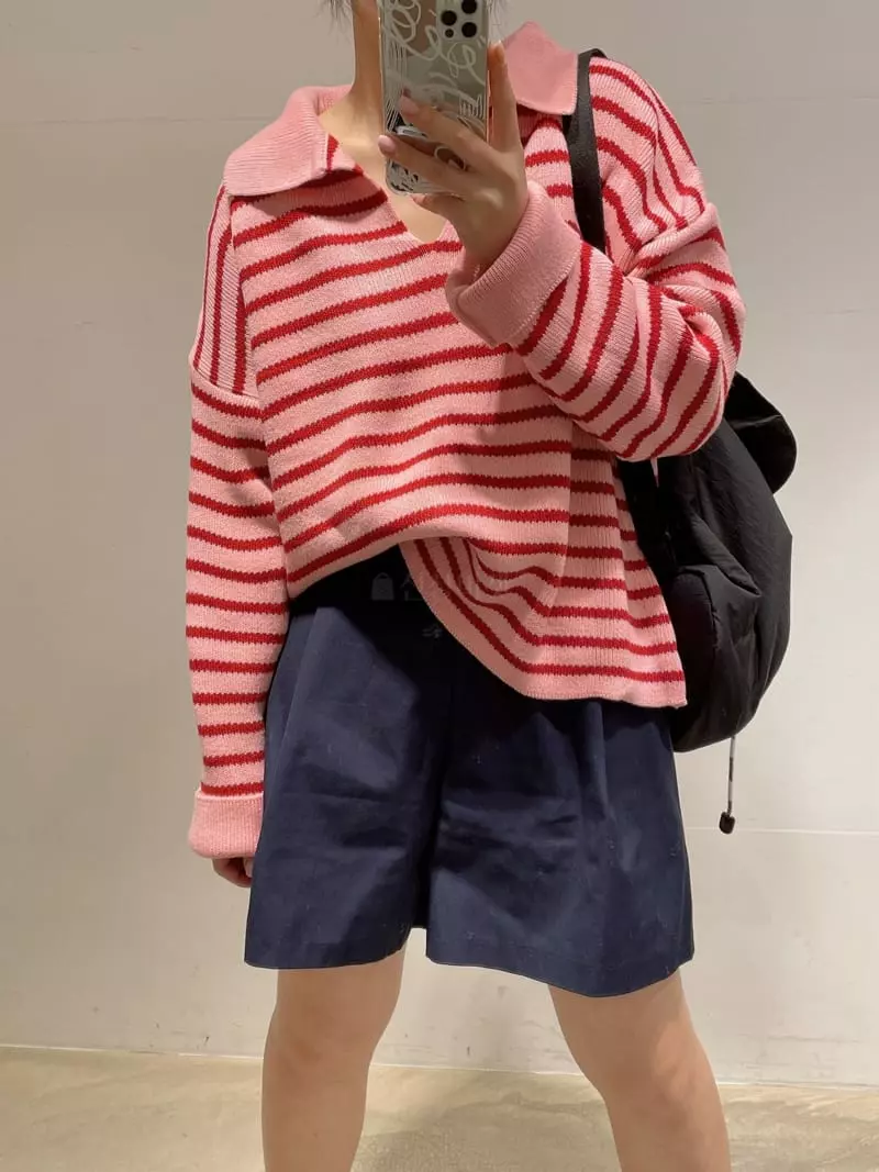 Odor - Korean Women Fashion - #womensfashion - Berry Stripes Collar Knit Tee