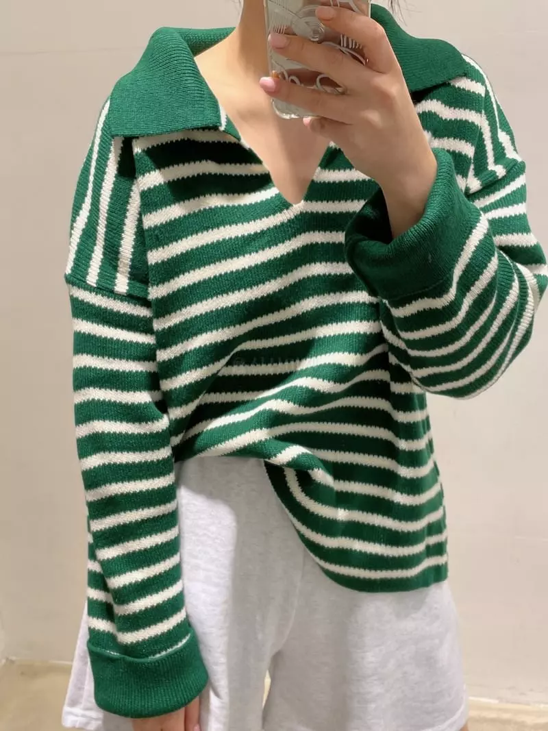 Odor - Korean Women Fashion - #womensfashion - Berry Stripes Collar Knit Tee - 3