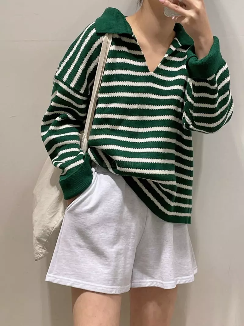 Odor - Korean Women Fashion - #womensfashion - Berry Stripes Collar Knit Tee - 5