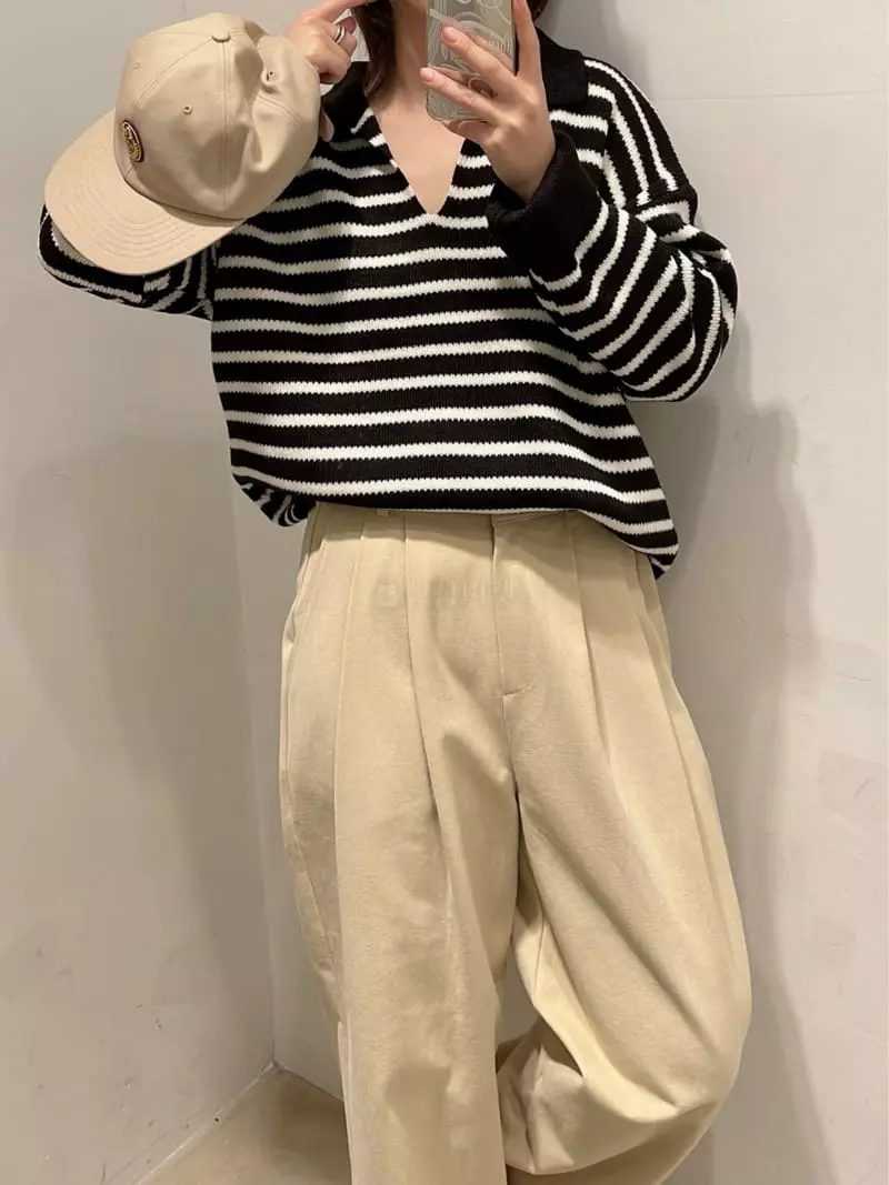 Odor - Korean Women Fashion - #womensfashion - Berry Stripes Collar Knit Tee - 7
