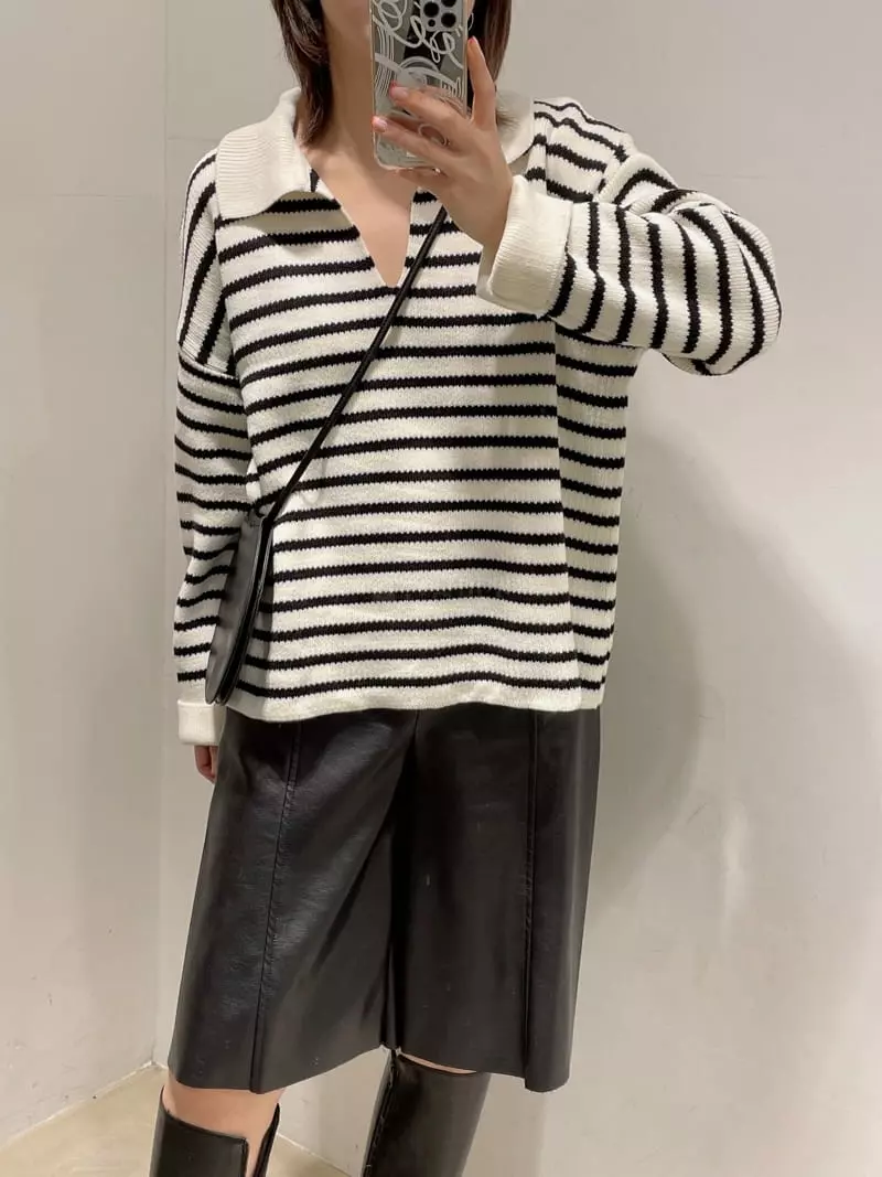 Odor - Korean Women Fashion - #womensfashion - Berry Stripes Collar Knit Tee - 9