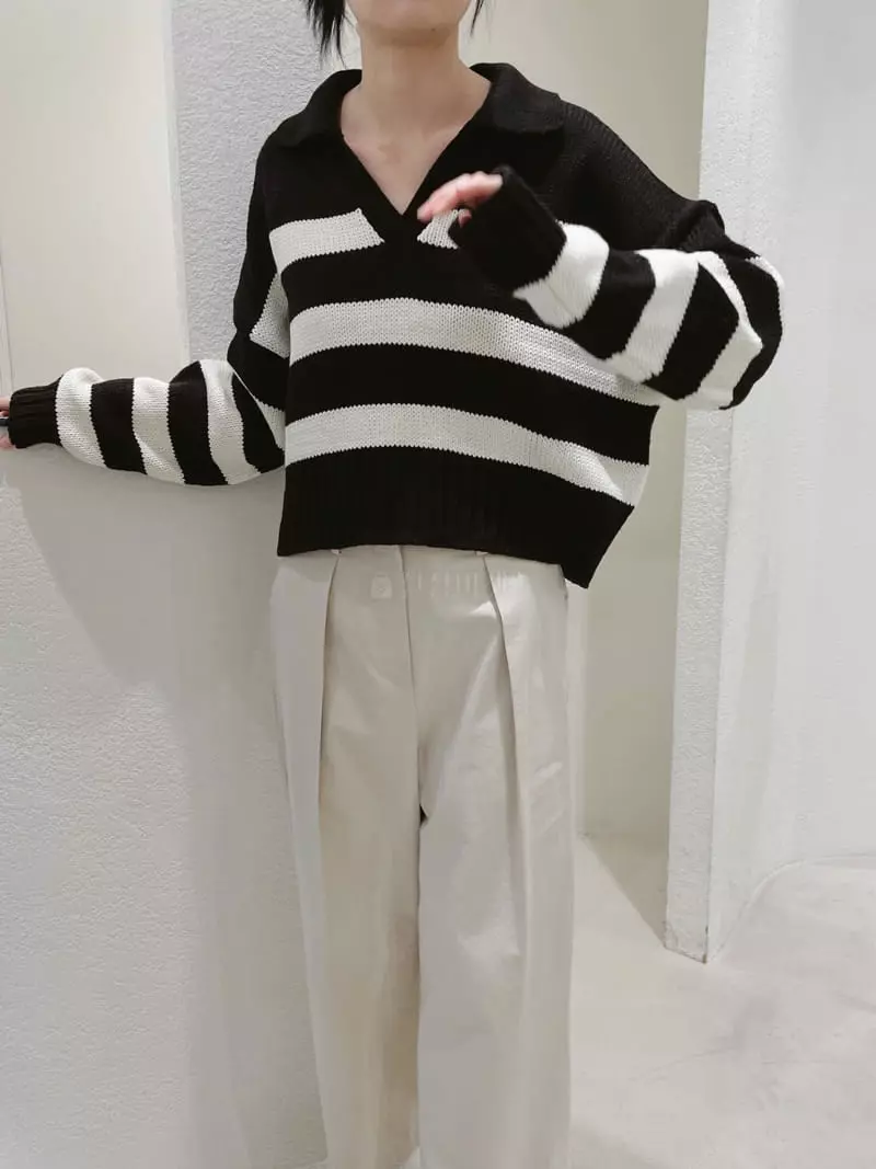 Odor - Korean Women Fashion - #womensfashion - Crop Stripes Collar Knit Tee