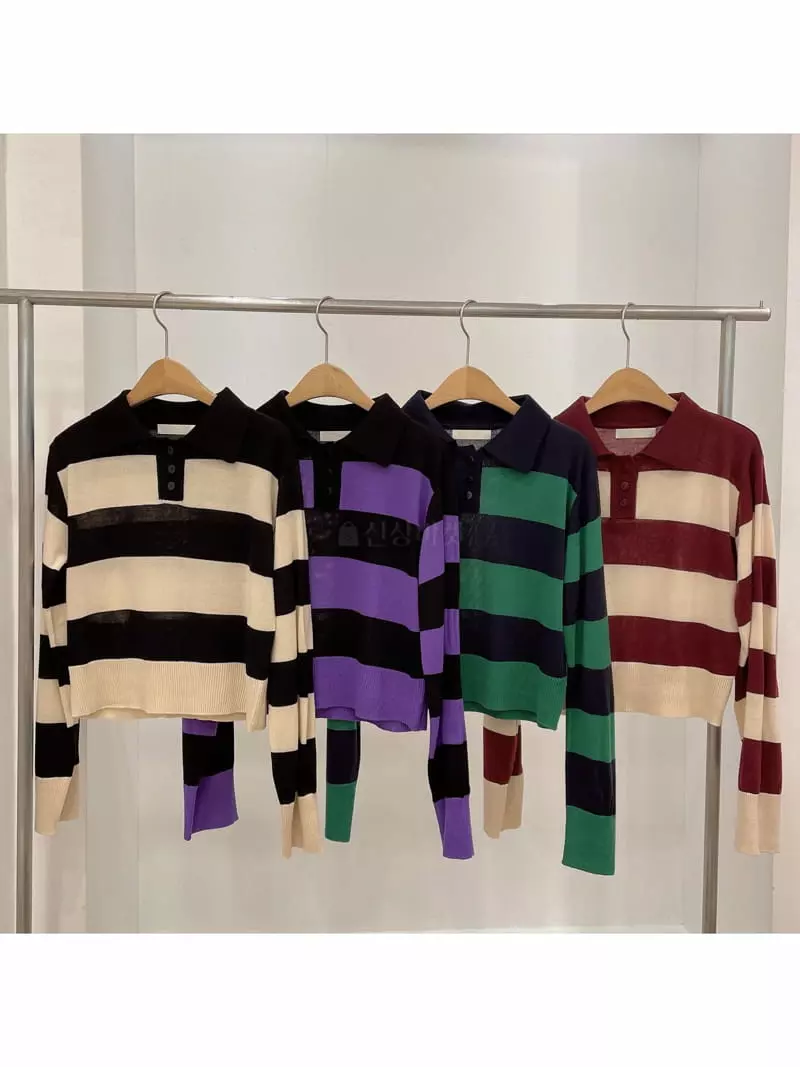 Odor - Korean Women Fashion - #womensfashion - Willy Stripes Collar Knit Tee - 11