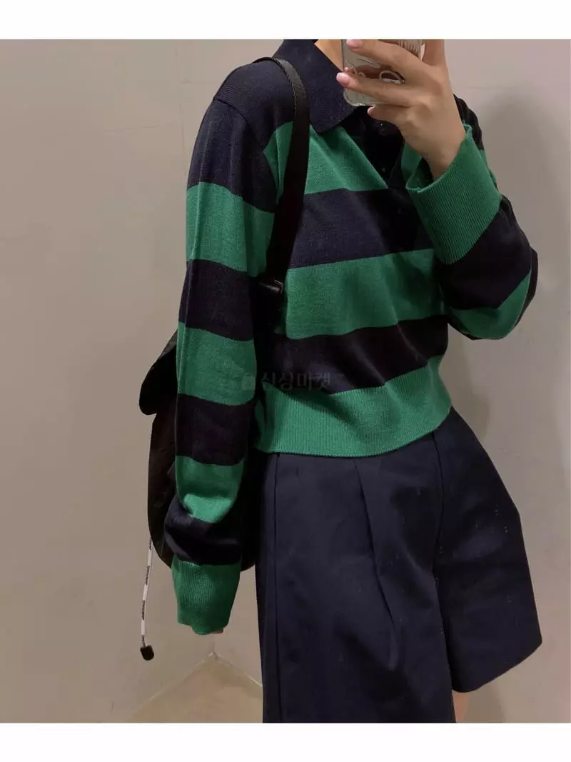 Odor - Korean Women Fashion - #womensfashion - Willy Stripes Collar Knit Tee - 5