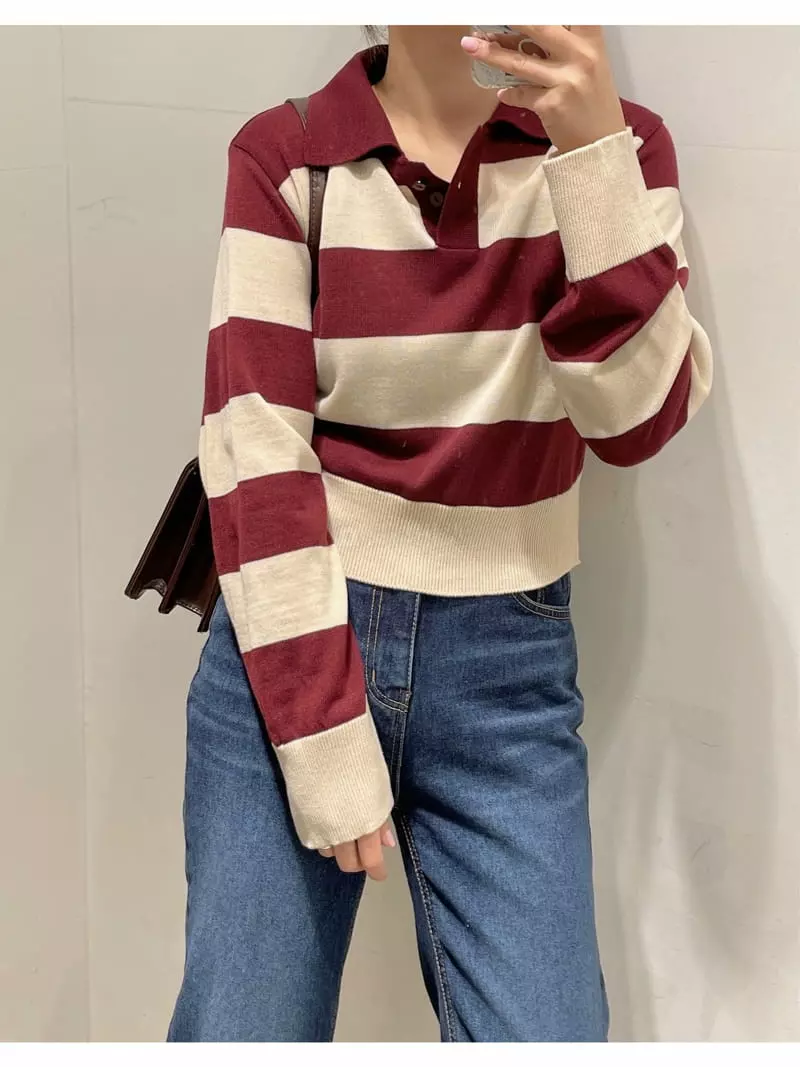 Odor - Korean Women Fashion - #womensfashion - Willy Stripes Collar Knit Tee - 9