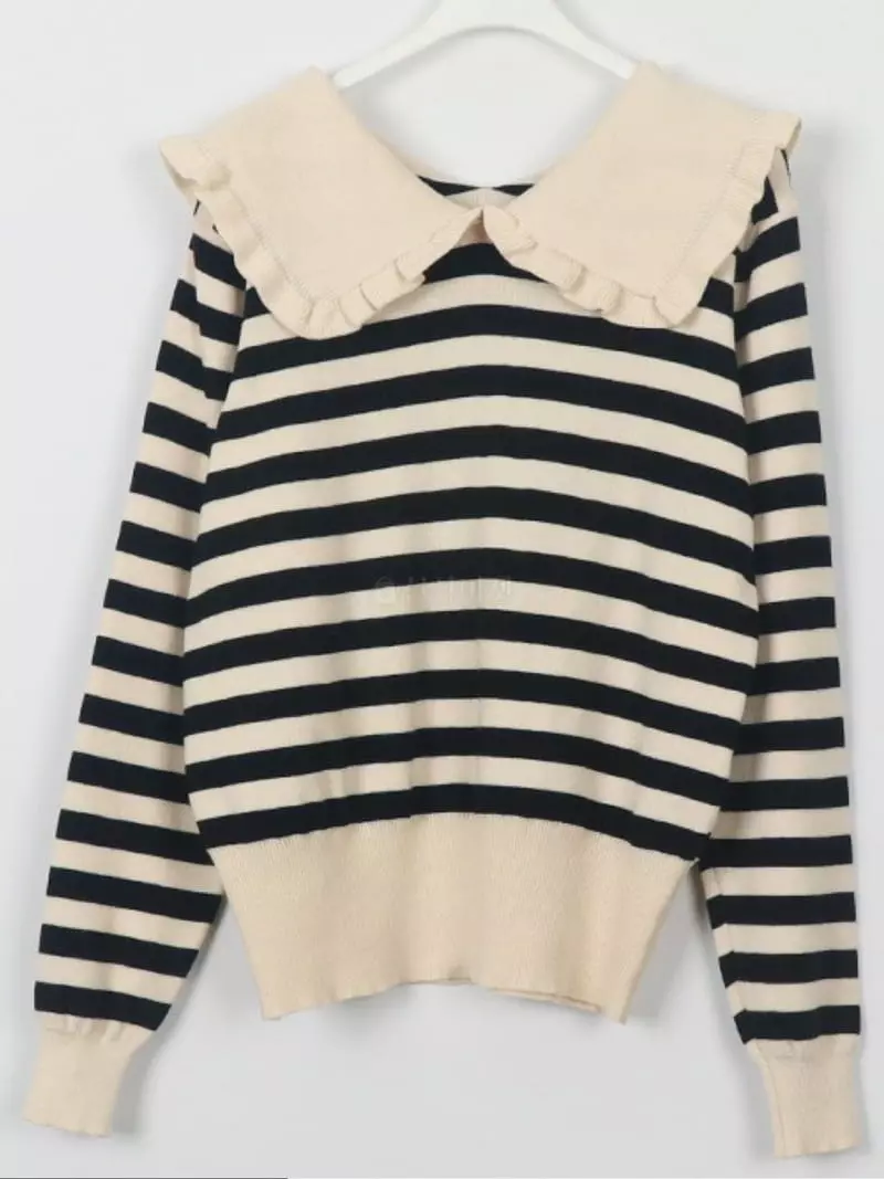 Oneway - Korean Women Fashion - #momslook - Stripes Frill Knit Tee - 3