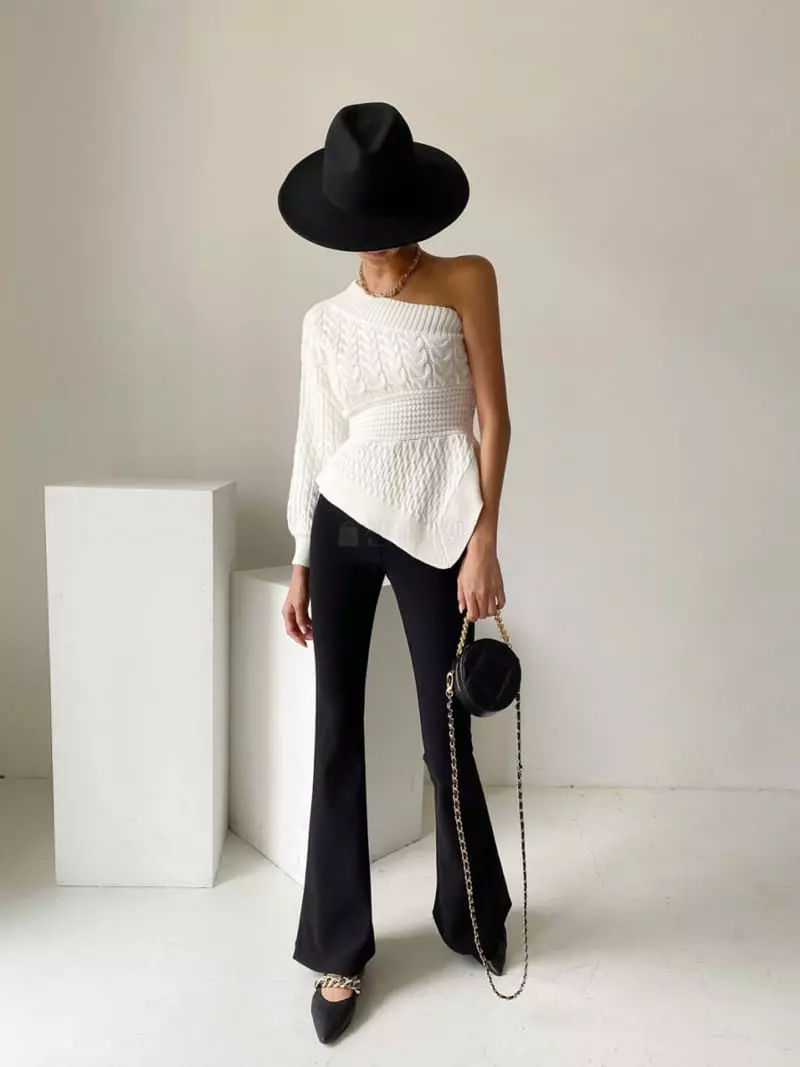 Oneway - Korean Women Fashion - #momslook - Twist Off Shoulder Knit Tee - 3