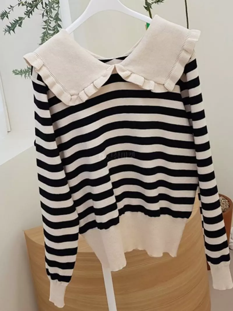Oneway - Korean Women Fashion - #womensfashion - Stripes Frill Knit Tee - 2
