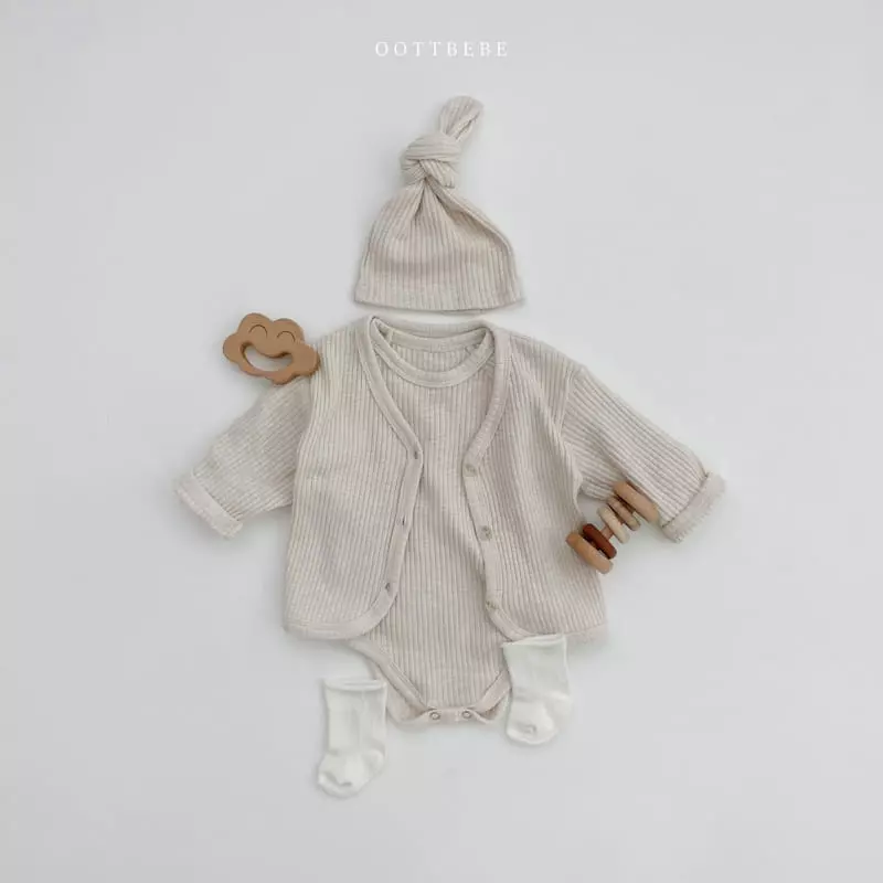 Oott Bebe - Korean Baby Fashion - #babyoutfit - J Cardigan Bodysuit Bonnet Set - 8