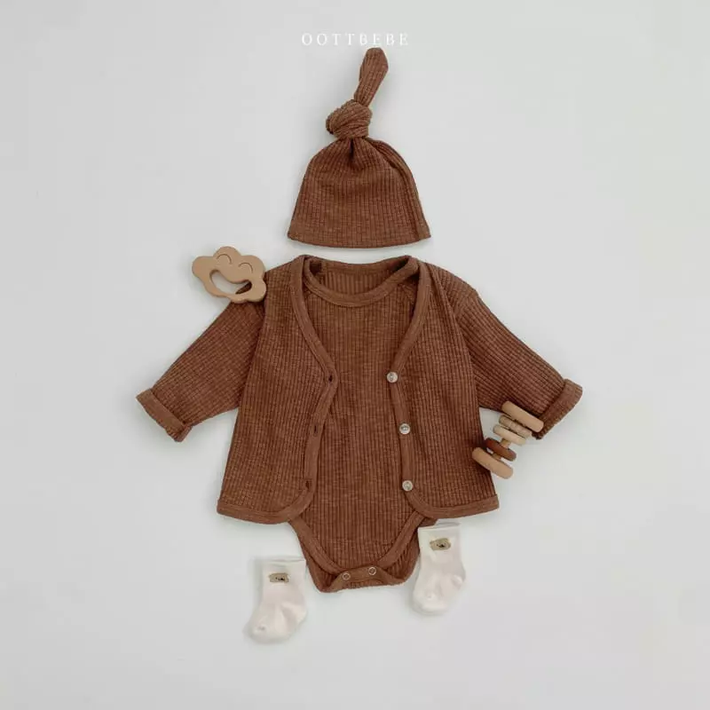 Oott Bebe - Korean Baby Fashion - #onlinebabyboutique - J Cardigan Bodysuit Bonnet Set - 11