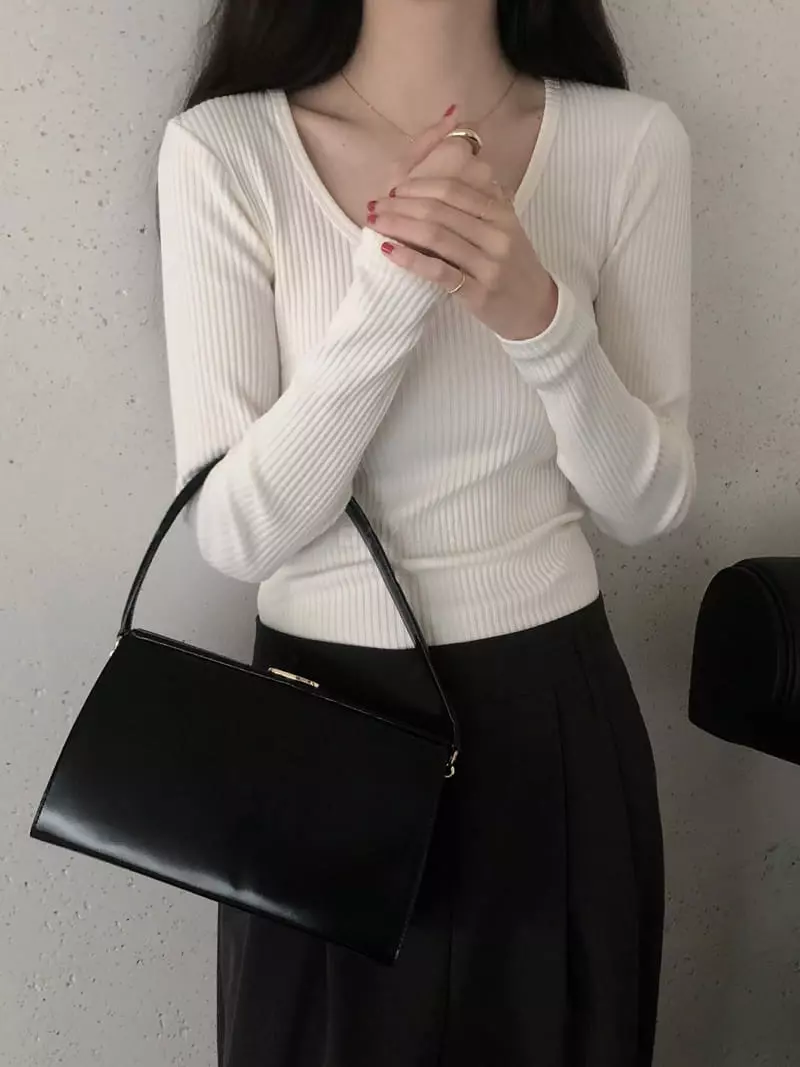 Overclassic - Korean Women Fashion - #womensfashion - U Neck Long Sleeves Tee - 4